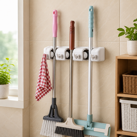 White wall-mounted holder with three slots, holding a pink broom, a brown broom, and a blue mop, with a red checkered towel