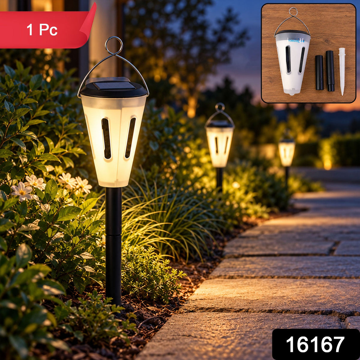 A single solar garden light illuminates a stone path at dusk, with two other lights glowing in the distance, and an inset