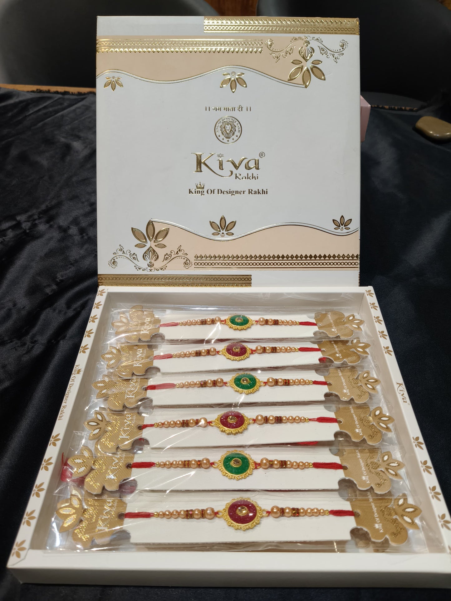 Combo Pack of 12 Green & Gold Ornamental Rakhis with Beaded Thread – Premium Raksha Bandhan Gift Set