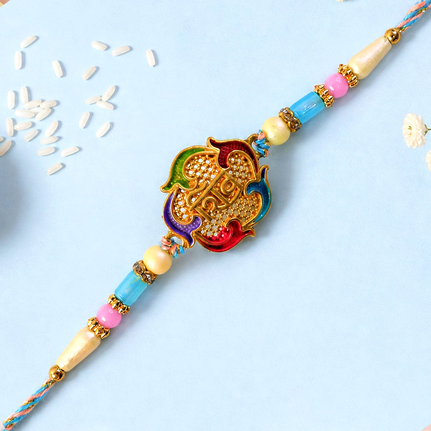 Meenakari Shiv Pendant Rakhi with Multicolor Beads