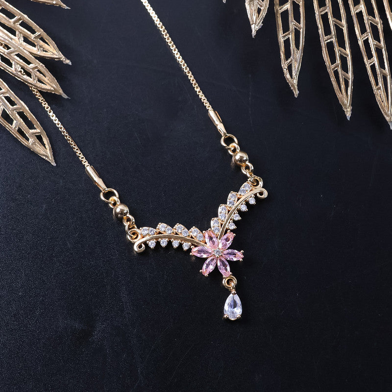 Elegant Floral V-Shape Pendant Necklace – Gold-Plated Chain with Sparkling Stones