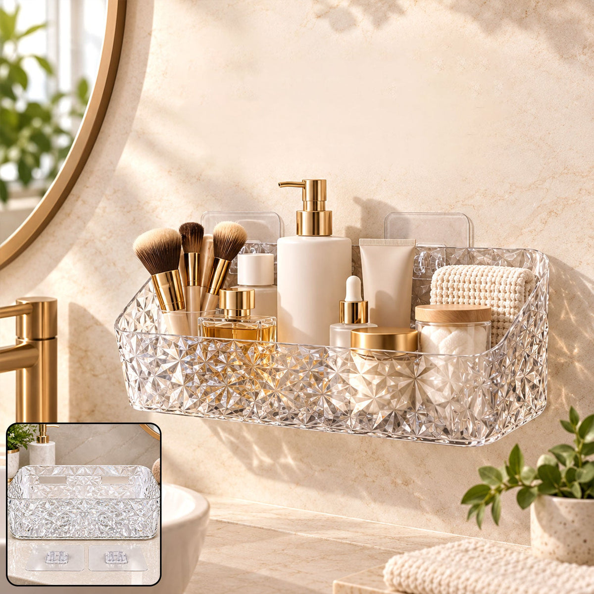A clear, diamond-patterned bathroom organizer filled with toiletries, with an inset showing the empty organizer and adhesive