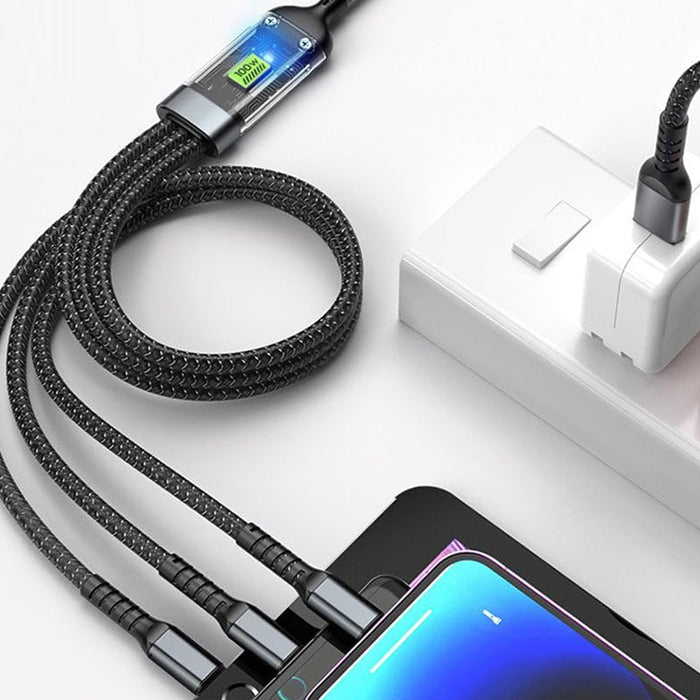 3-in-1 Super Fast Charging Cable 100w, Multifunctional Convenient Super Fast Charging Cable Nylon Braided Cord, 3-in-1 Silicone Zinc Alloy 3 Head Charging Cable