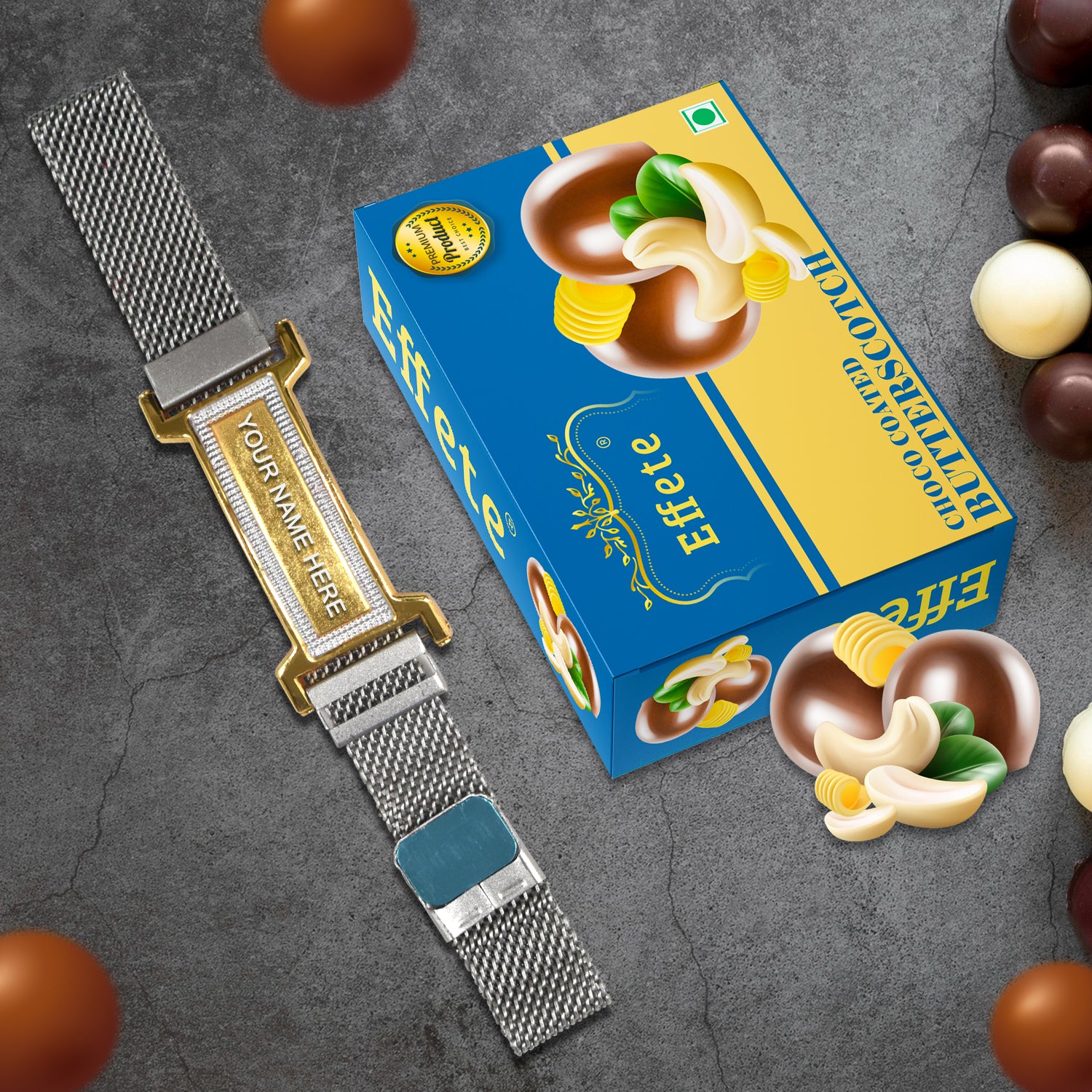 A personalized silver bracelet engraved with 'Love You' next to a box of delicious chocolates, perfect for a customized bracelet gift set.