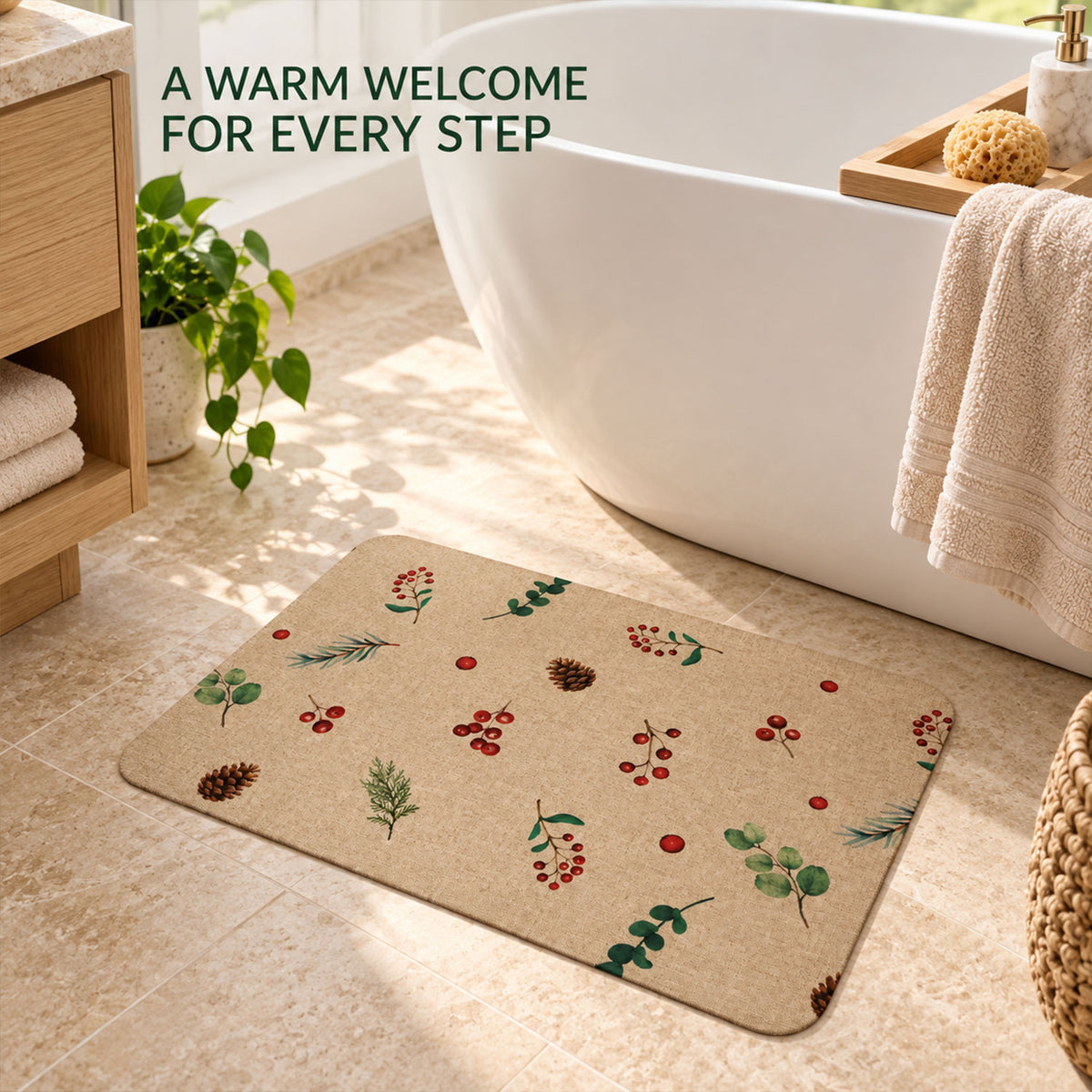 Botanical Berry Print Bath Mat, Linen Look Anti-Slip Floor Rug (1 Pc, 57x38 Cm)