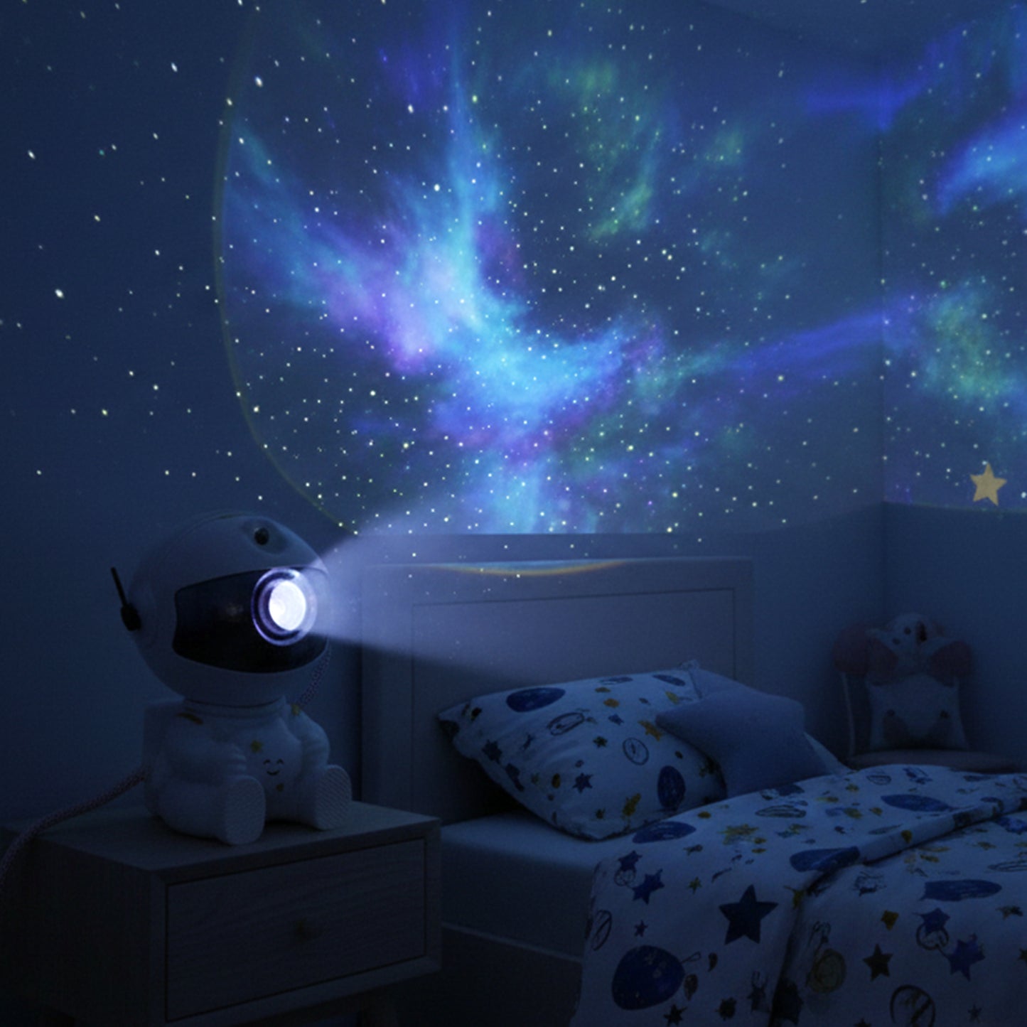 Astronaut star projector night light showing USB power