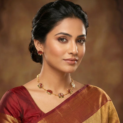 Lotus Design Necklace with Stud Earrings – Traditional Festive Set