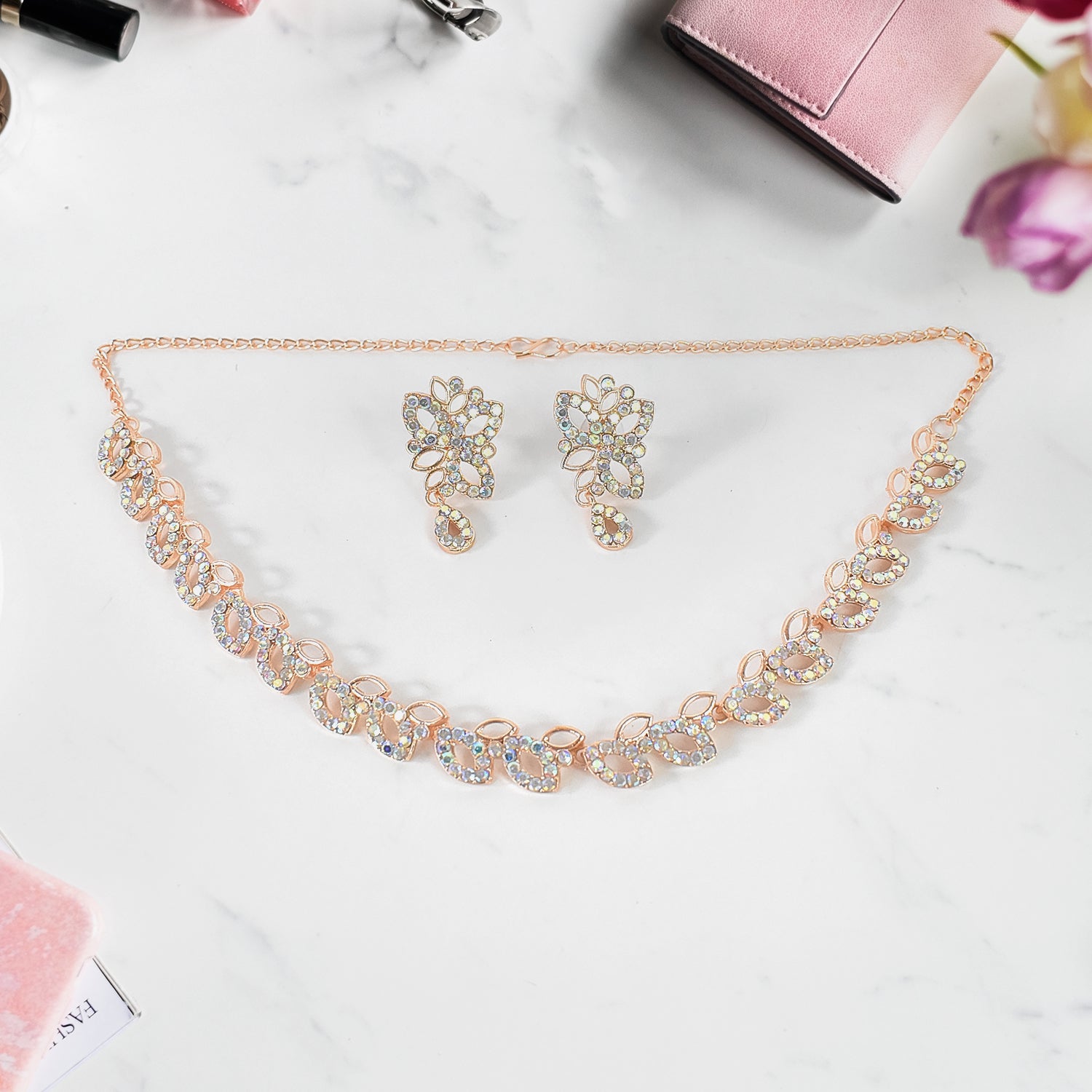 American Diamond Studded Floral Shaped Necklace With Earrings