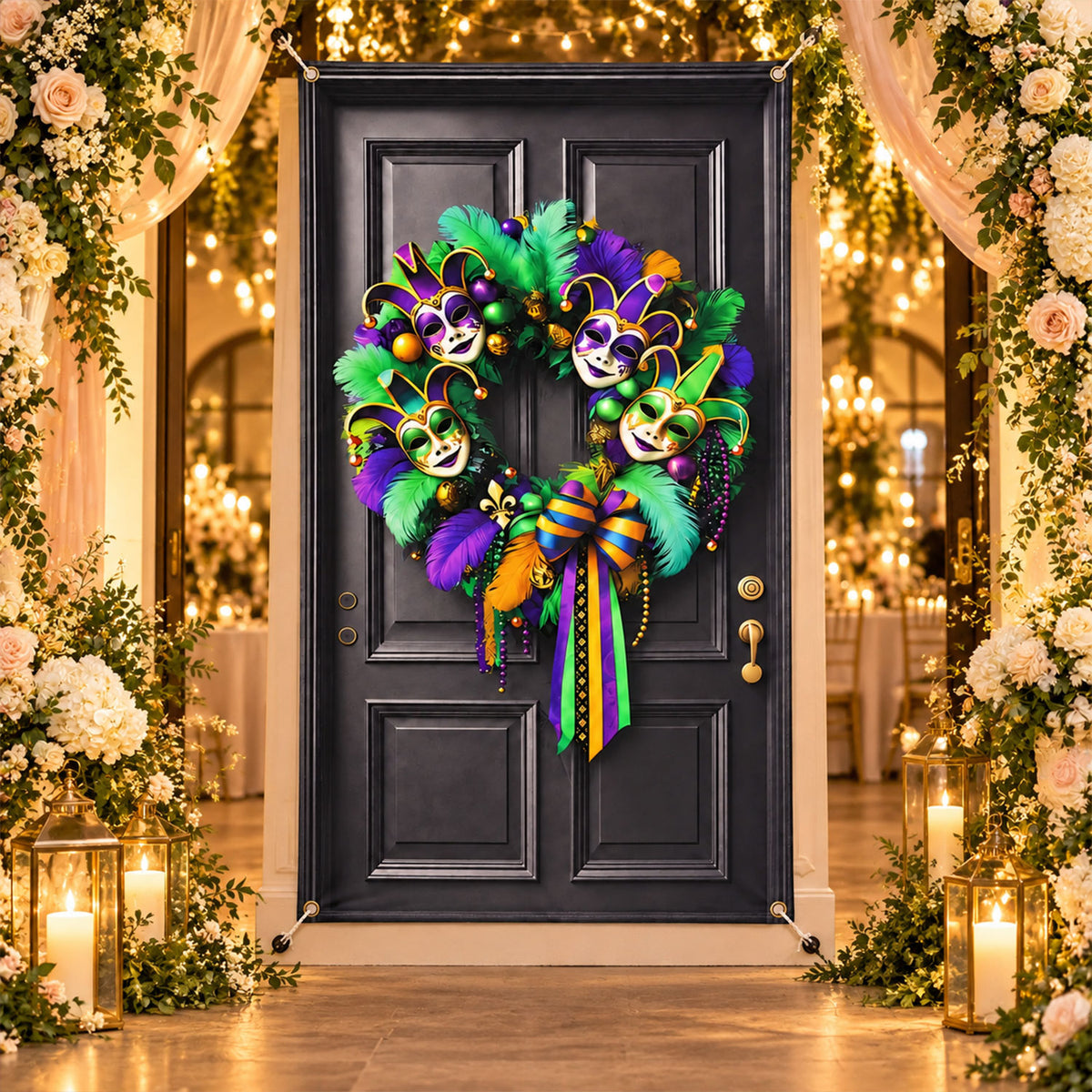 Mardi Gras Door Backdrop Curtain with Printed Wreath for Party Decor (210x110 Cm)