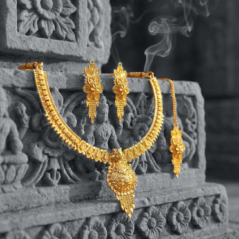 Luxurious Gold-Plated Crescent Necklace Set with Traditional Floral Craftsmanship