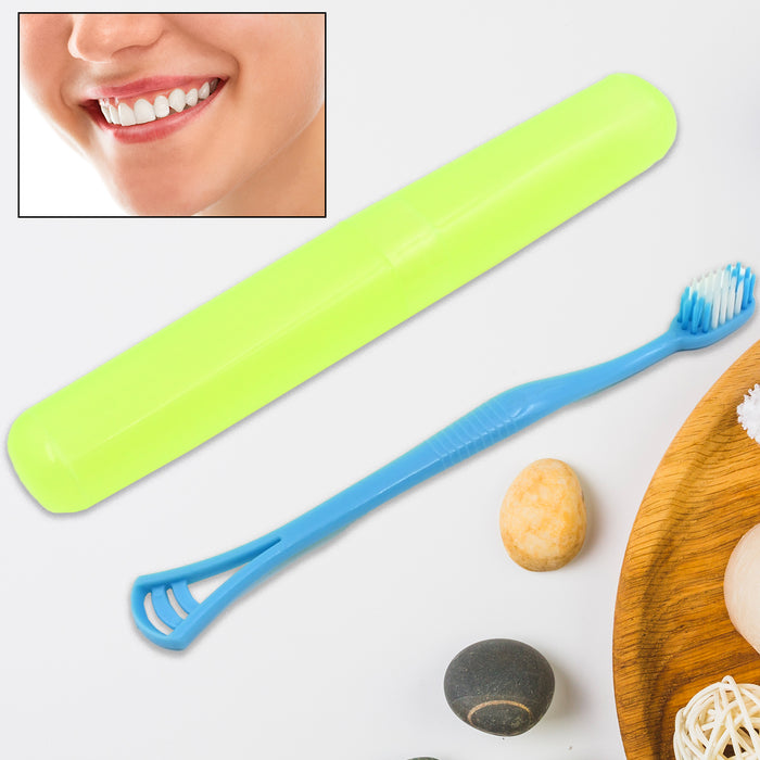 2 in 1 Soft Toothbrush and Tongue With Toothbrush Cover Cleaner Scraper for Men and Women, Kids, Adults Plastic Toothbrush Cover / Case / Holder (1 Pc)