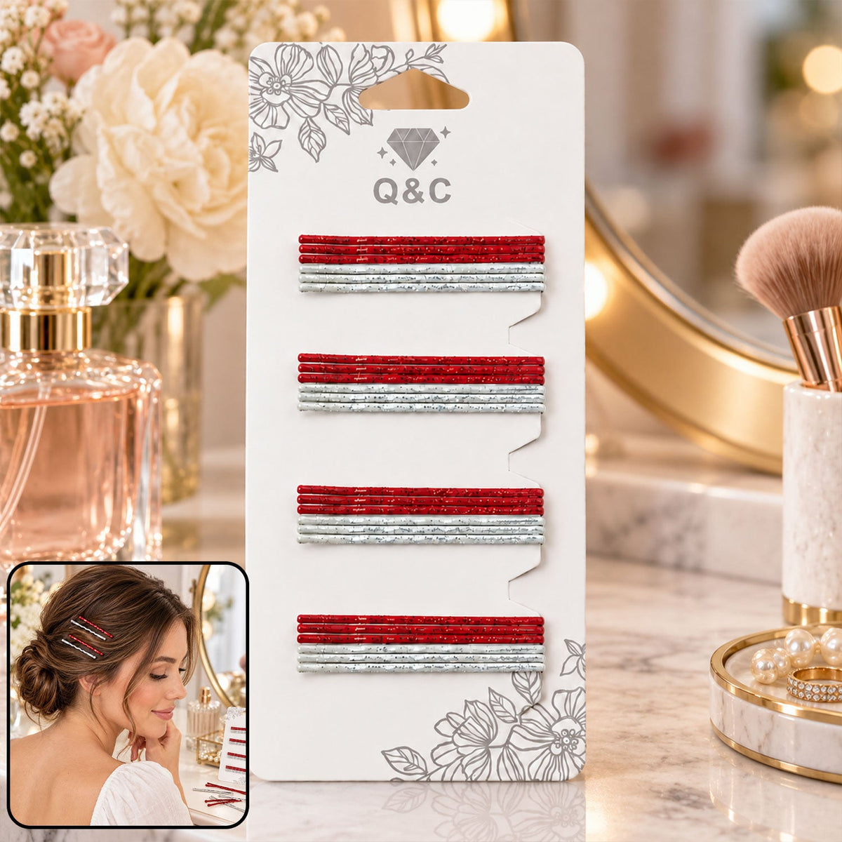 glitter red and silver metal hair pins set