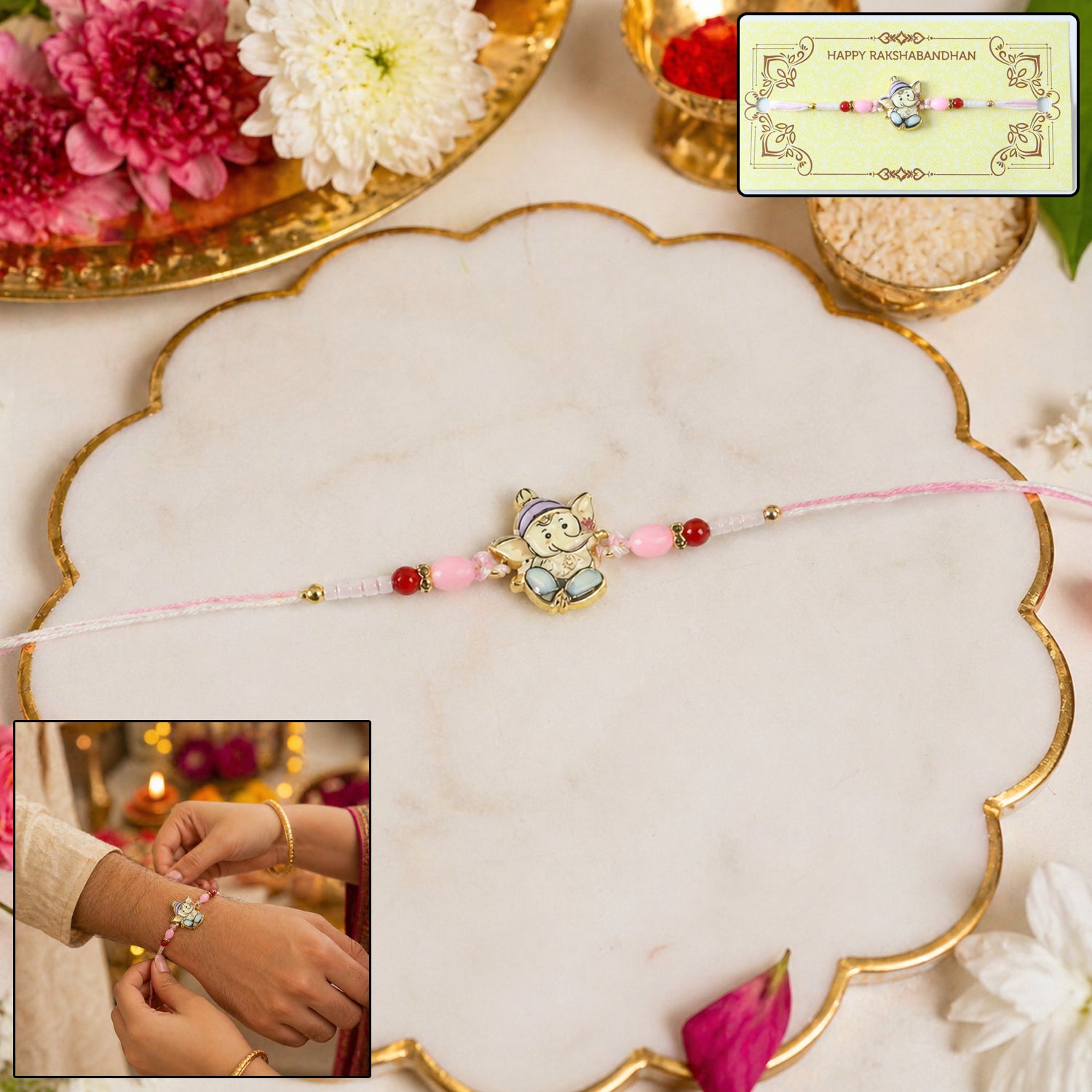 Cute Ganesha Designer Rakhi with Pink and Red Beads (1 Pc)