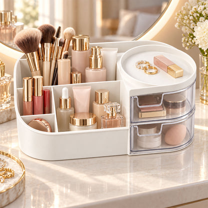Vanity Organizer with Rotating Tray & Drawers for Easy Storage