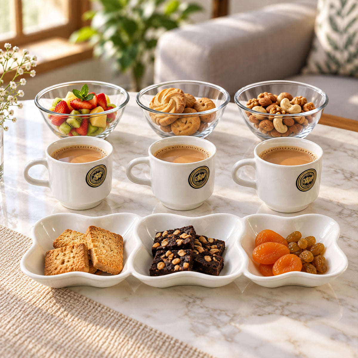 Three white ceramic mugs filled with a light brown beverage, three clear glass bowls containing fruit, cookies, and nuts,