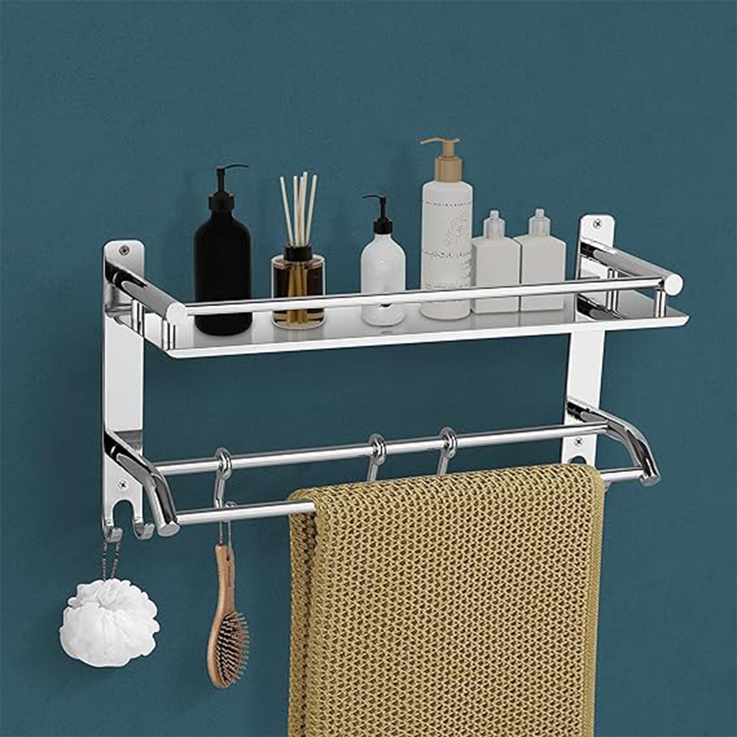 Stainless Steel Single Hook Wall-Mount Multipurpose 2 Tier Shelf