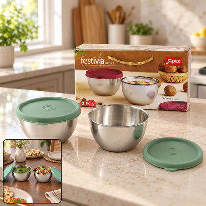 Apex Stainless Steel Container 400 ML with Lid, Kitchen Gift Set (2 Pc Set)