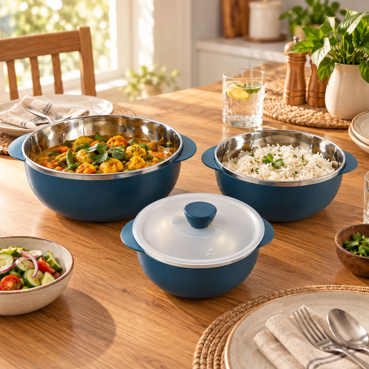 Apex Hot and Serve Serving Bowl Set with Lids, Steel Inner Casserole (3 Pc Set)
