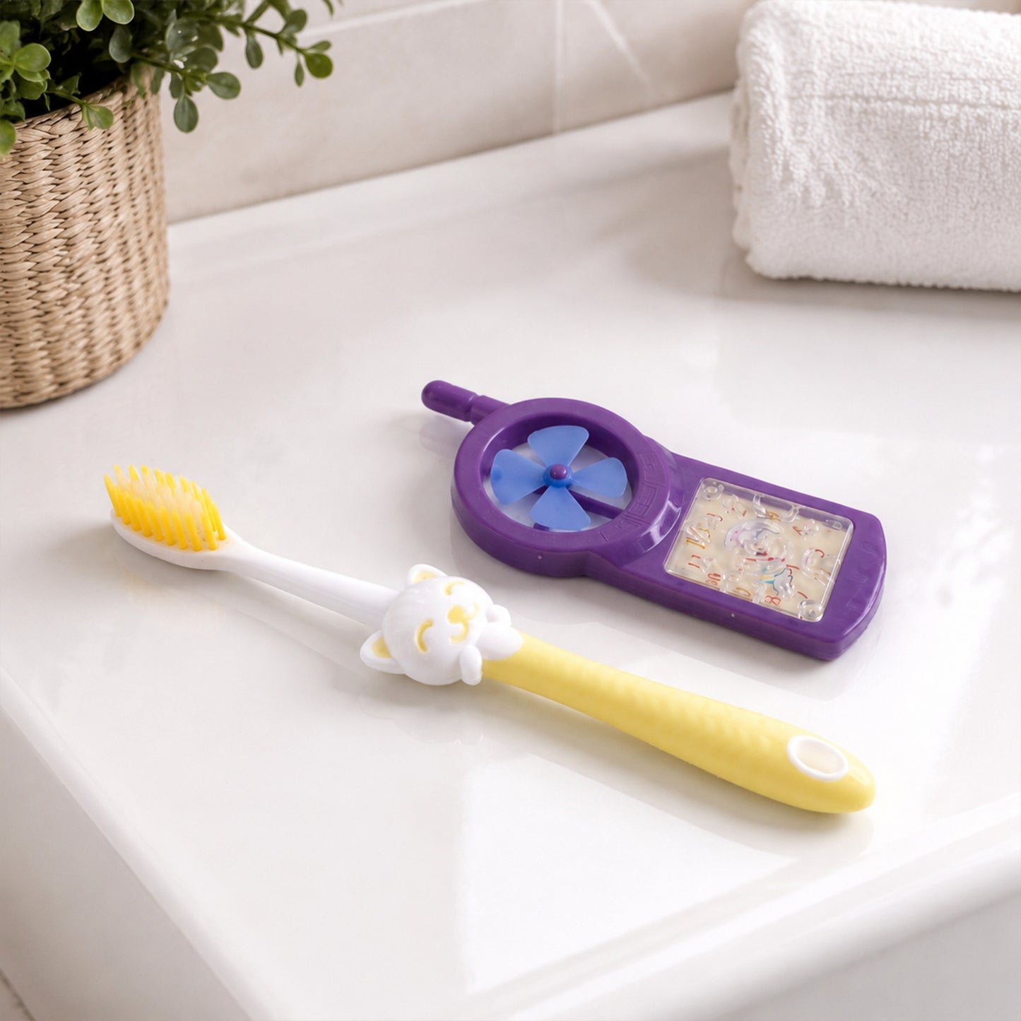 Child holding the cartoon toothbrush with fan toy, smiling
