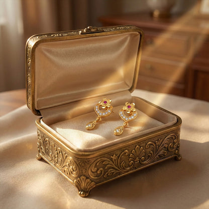 Elegant Gold Plated Stud Earrings with Ruby Accent & Drop Design