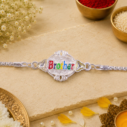 Brother Name Multicolor Enamel Silver Chain Designer Rakhi