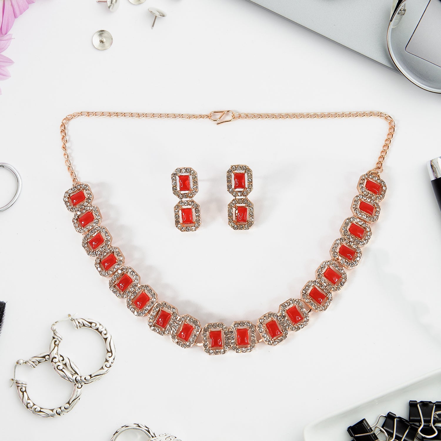 Red American Diamond Studded Jewellery Necklace Set