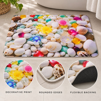 3D Pebble Stone Shower Mat, Seashell Print Water Absorbent Rug (1 Pc, 58x38 Cm)