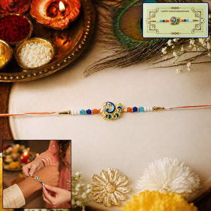Close-up of decorative peacock centerpiece Rakhi