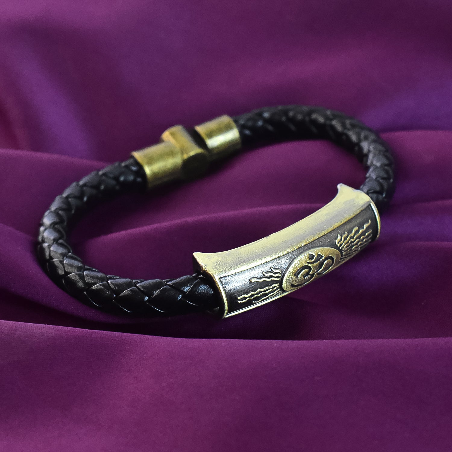 Om Charm Magnetic Gold Clasp, Black Leather Bracelet