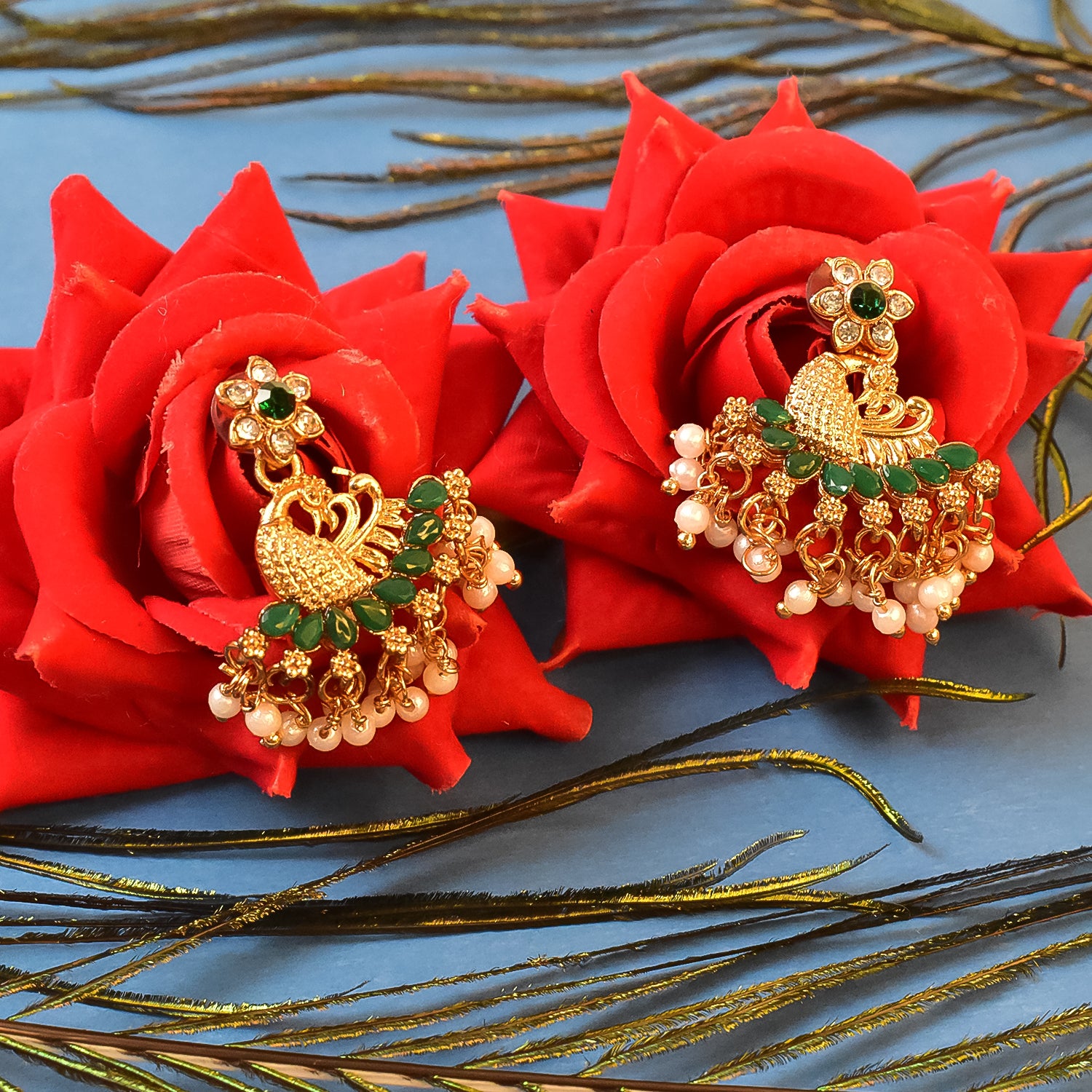 Beautiful Peacock Design American Diamond Pearl Earrings (1 Pair)