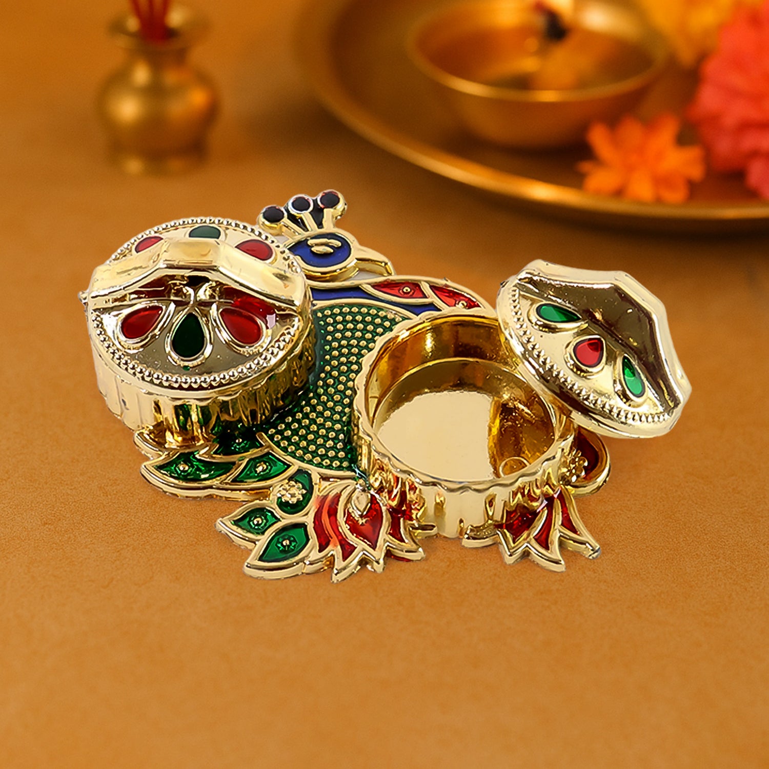 Peacock Design Metal Kumkum / Roli–Chawal Box - (1 Pc)