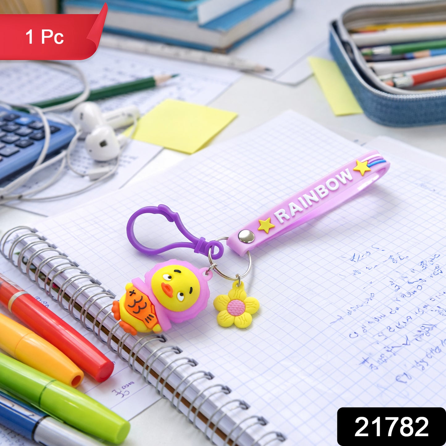 Close up of Cartoon Duck Keychain with rainbow strap