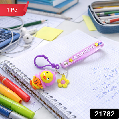 Close up of Cartoon Duck Keychain with rainbow strap