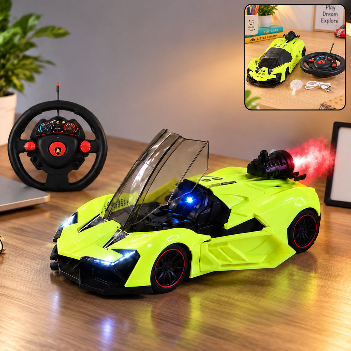 Remote Control Racing Car Toy with Water Spray Effect and LED Lights (1 Pc Set)