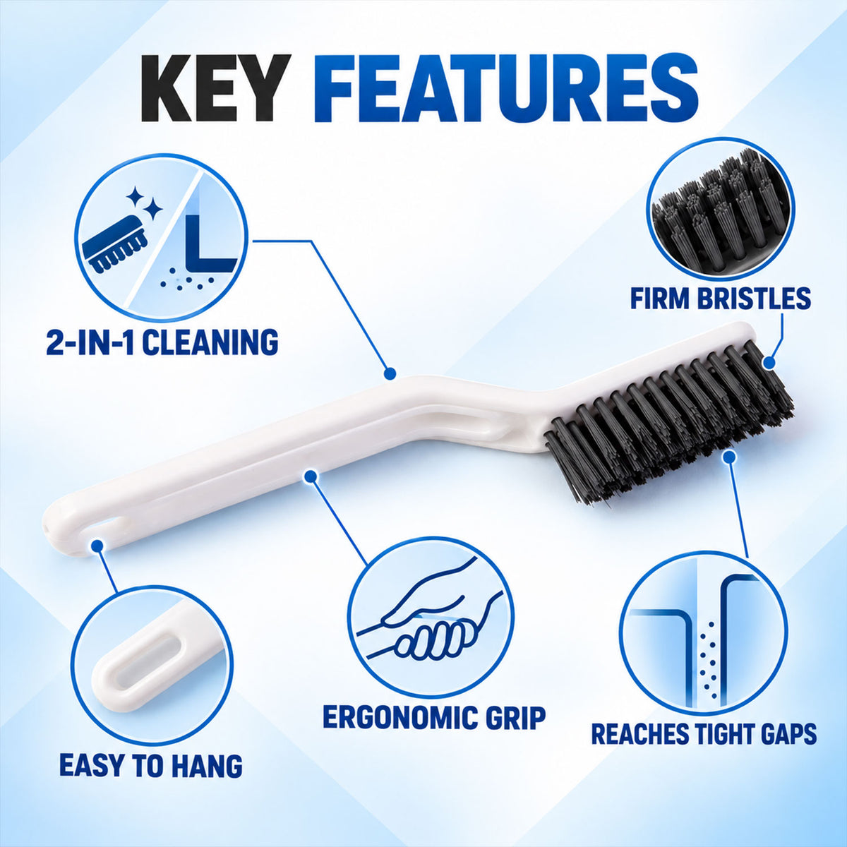 A white brush with black bristles is highlighted with icons showing its 2-in-1 cleaning, firm bristles, ergonomic grip, and