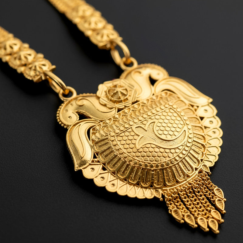 Traditional Gold-Tone Temple Style Necklace Set with Ornate Pendant & Matching Earrings