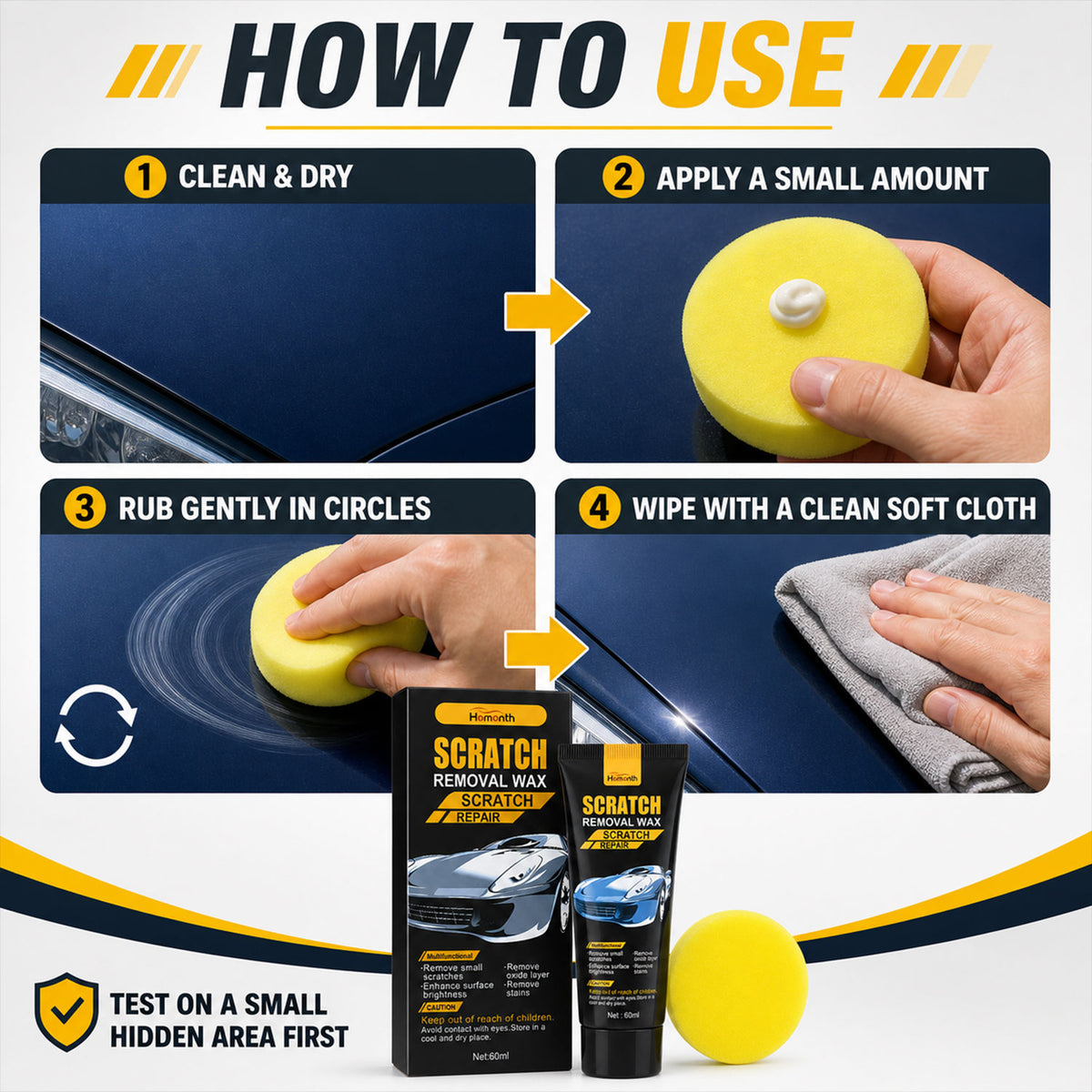 Four step guide showing how to clean, apply, rub, and wipe car scratch removal wax on a blue car.