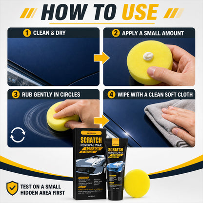 Four step guide showing how to clean, apply, rub, and wipe car scratch removal wax on a blue car.