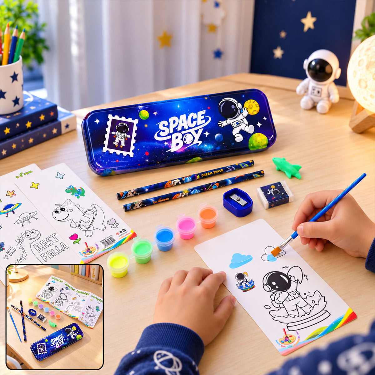 Kids Stationery Kit for School with Pencil Box, Paints and Colour Cards (1 Set)