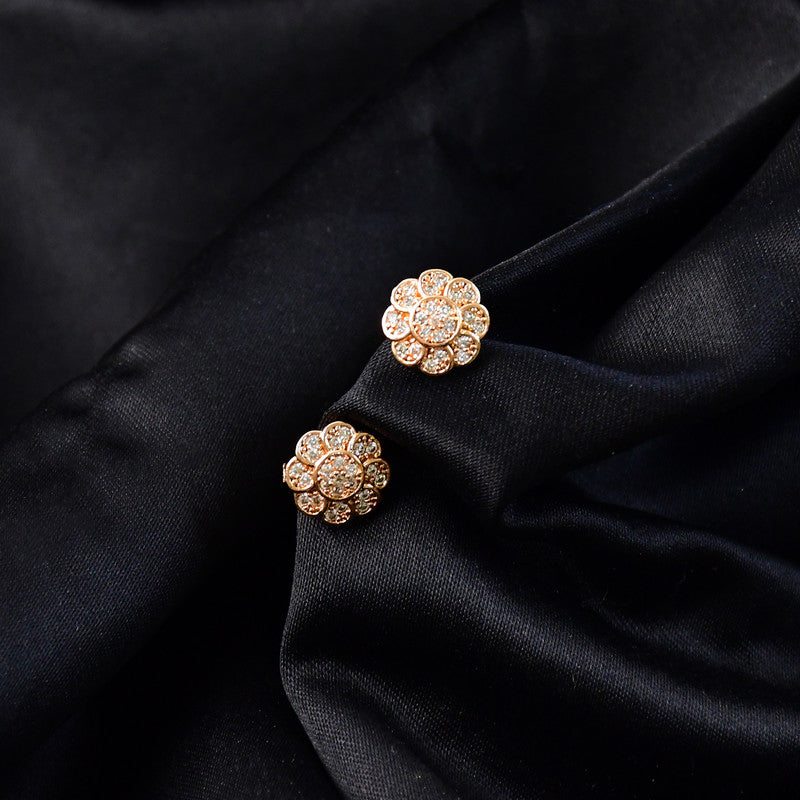 Gold Finish Round Crystal Stud Earrings with Floral Pattern for Women