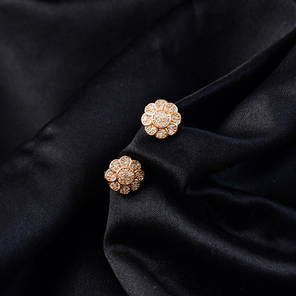 Gold Finish Round Crystal Stud Earrings with Floral Pattern for Women