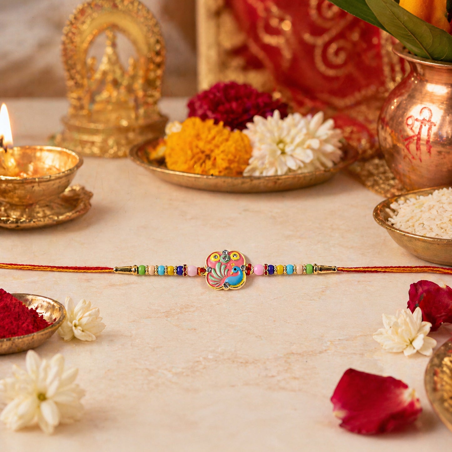 Colorful Peacock Design Rakhi with Decorative Beads (1 Pc)