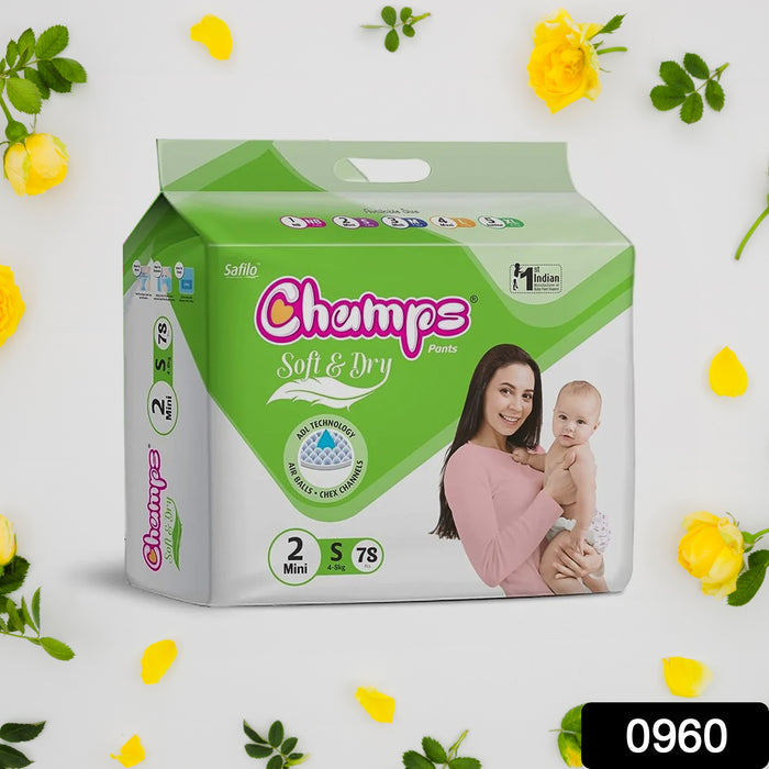 Champs Soft and Dry Baby Diaper Pants  78 Pcs (Small Size  S78)