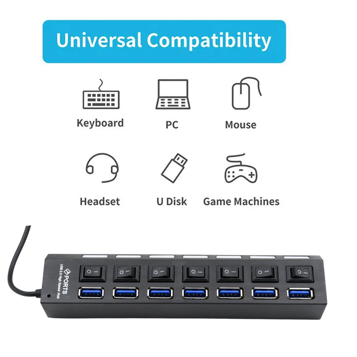 6994 USB Splitter Multi Port USB 2.0 Hub, 7 Port with Independent On/Off Switch and LED Indicators USB A Port Data Hub, Suitable for PC Computer Keyboard Laptop Mobile HDD, Flash Drive Camera Etc