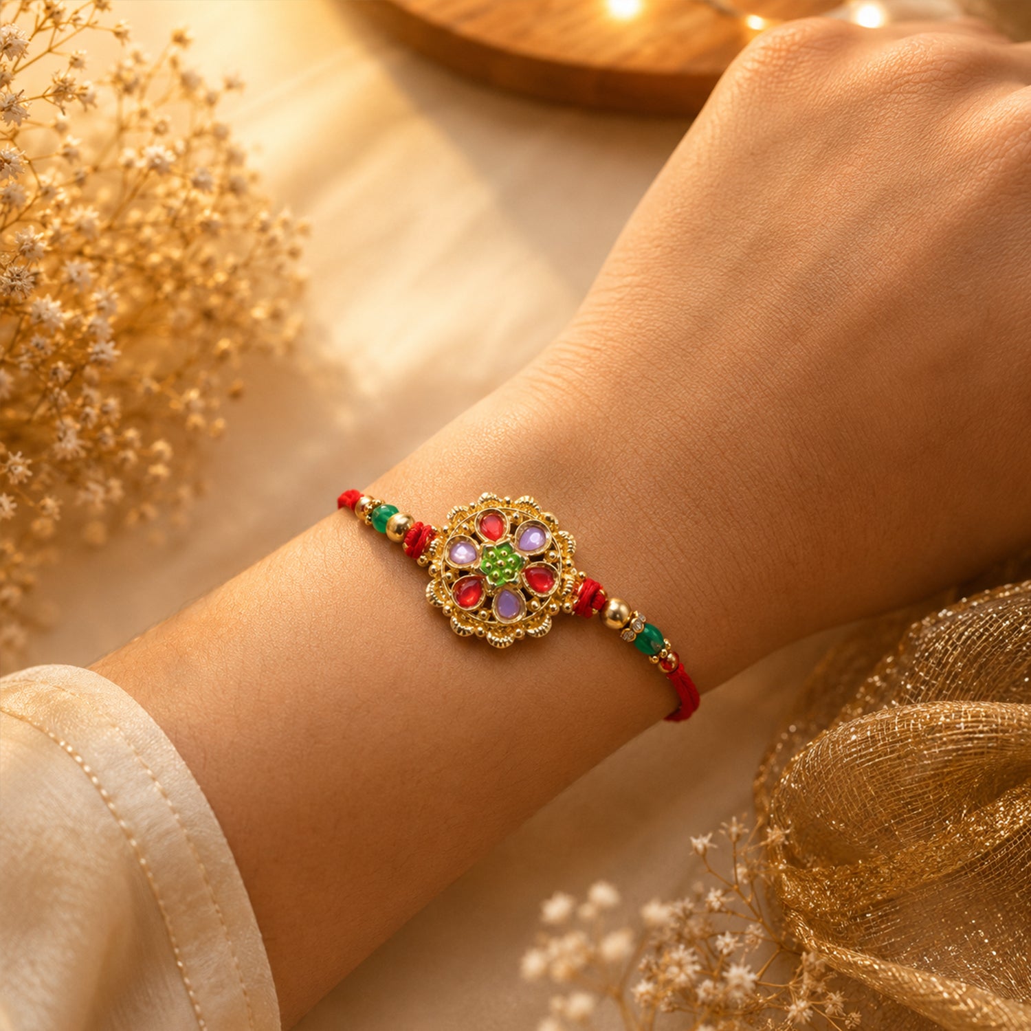 Red and Lilac Kundan Pendant Rakhi with Green Flower Centre