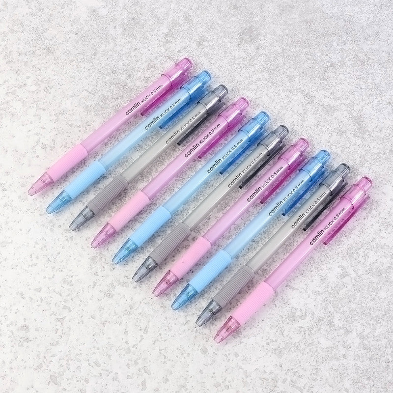 Camlin KLICK 0.5 mm Mechanical Pencil – Smooth Writing with Soft Ribbed Grip (Pack of 10 – Pink, Blue & Grey)
