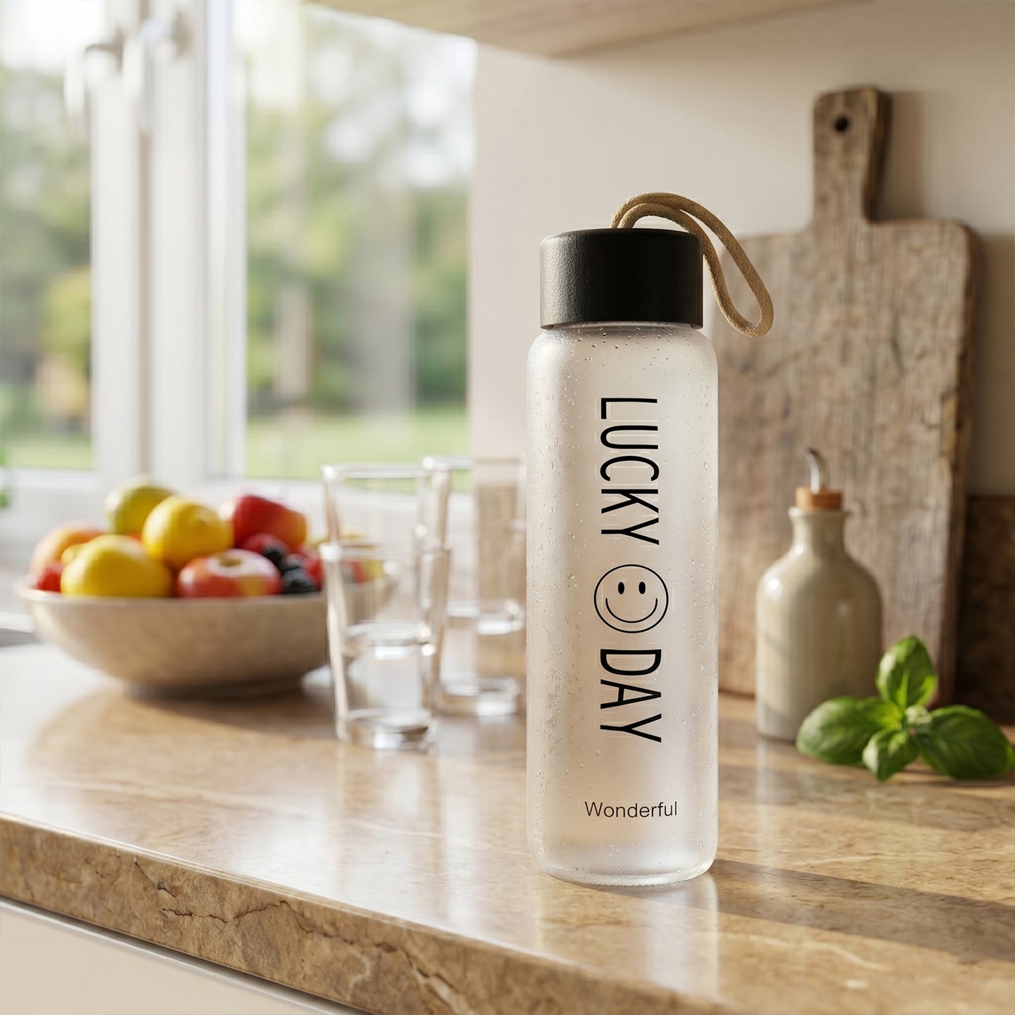 Premium Frosted Glass Water Bottle with Leak Proof Lid (350 ML)