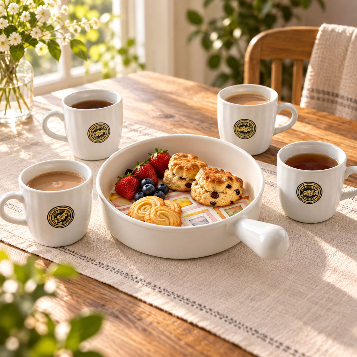 A ceramic platter with a colorful pattern holds berries and scones, surrounded by four white mugs filled with beverages.