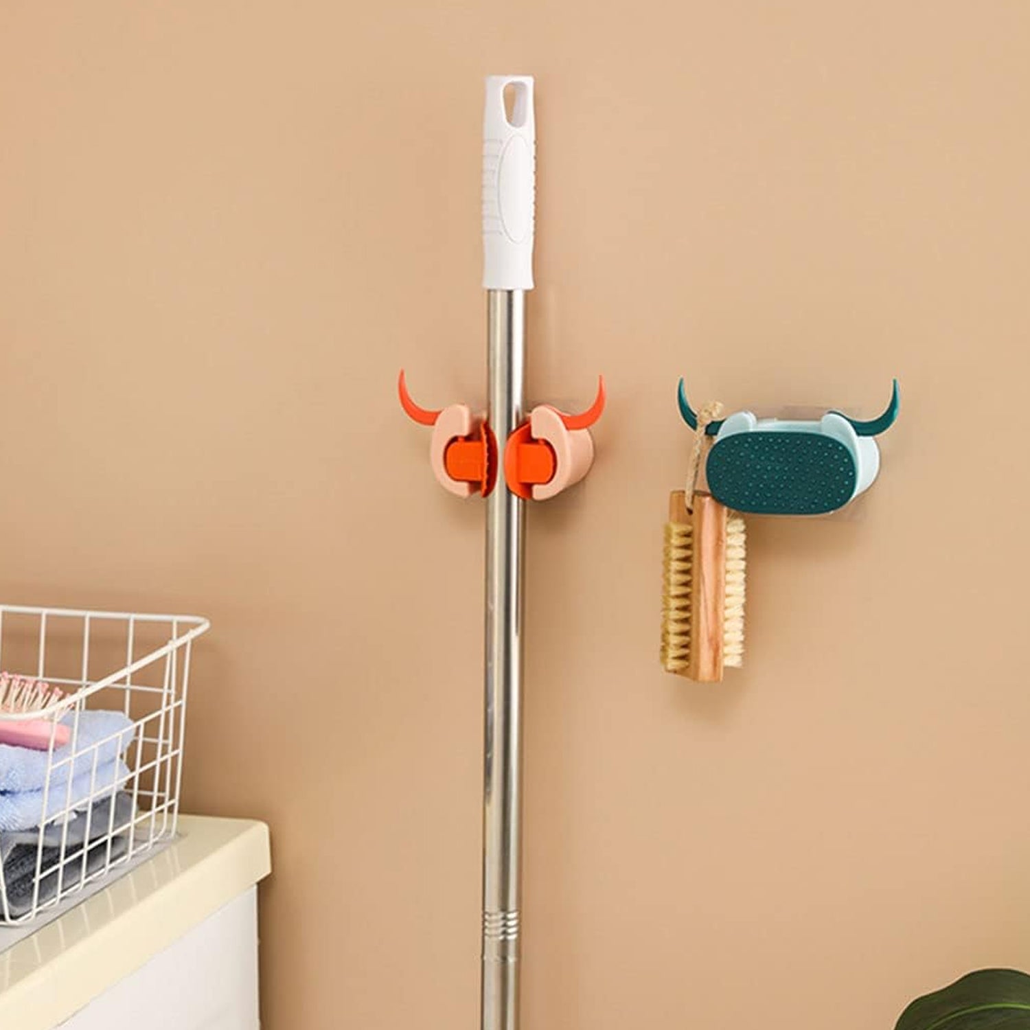 Multifunctional Cartoon Sticky Punch Free Mop Holder Wall Mounted Broom Organizer Cleaning Tools Holder Hanger, Self Adhesive Cute Cow Head Suction Cup Hanging Hook for Bathroom Kitchen (1 Pc)