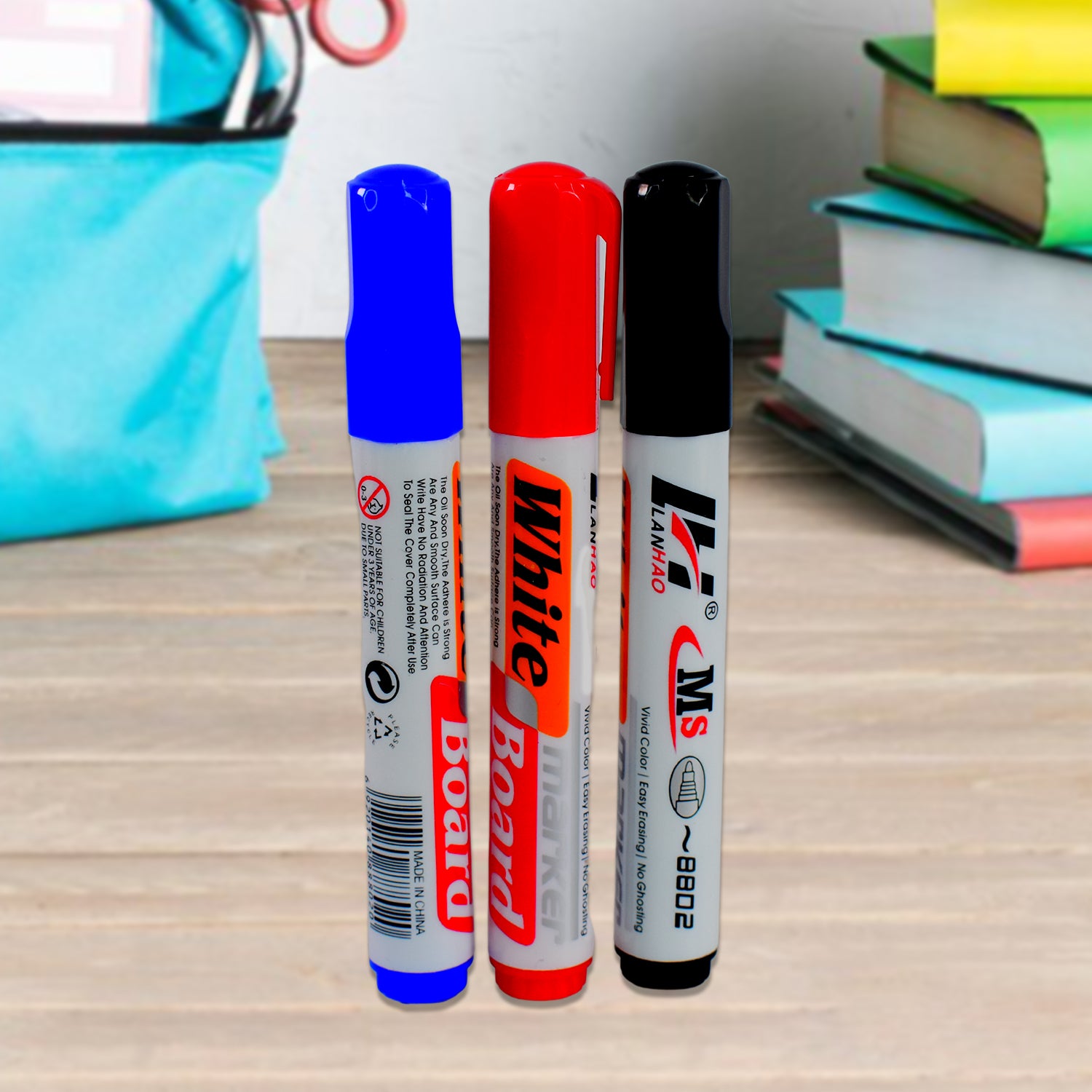 Whiteboard Marker Set (Blue, Black, Red) with Board Duster - Pack of 4